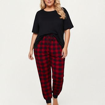 Women' s 2 pc Set Short Sleeve Knit Top and Plaid Jogger Pajama Pants with Soft Stretch Fabric