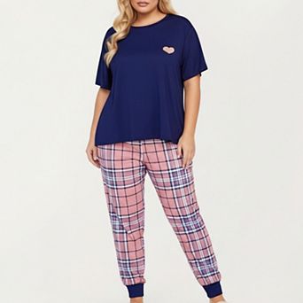 Women' s 2 pc Set Short Sleeve Knit Top and Plaid Jogger Pajama Pants with Soft Stretch Fabric