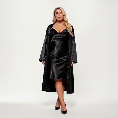 Women' s Satin Slip Dress and Long Robe Set with Elegant Flowing Layered Design