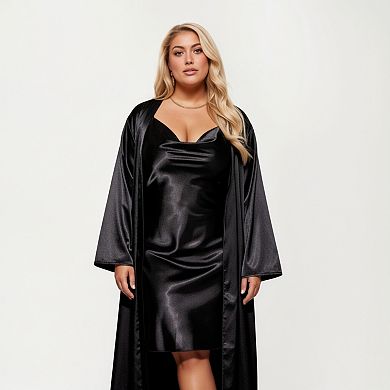 Women' s Satin Slip Dress and Long Robe Set with Elegant Flowing Layered Design