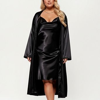 Women' s Satin Slip Dress and Long Robe Set with Elegant Flowing Layered Design