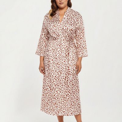 Anna-Kaci Lounge Women's Satin Leopard Print Robe with Waist Tie Soft Silky Fabric Wide Sleeves and Flowing Longline Silhouette - 1X, White