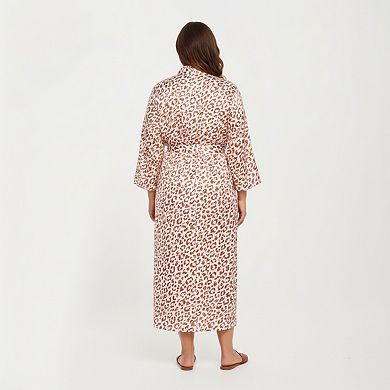 Women' s Satin Leopard Print Robe with Waist Tie Soft Silky Fabric Wide Sleeves