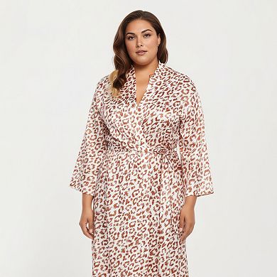 Women' s Satin Leopard Print Robe with Waist Tie Soft Silky Fabric Wide Sleeves