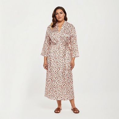 Women' s Satin Leopard Print Robe with Waist Tie Soft Silky Fabric Wide Sleeves