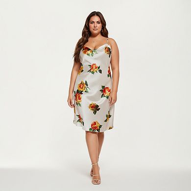 Women' s Satin Slip Dress with Floral Rose Pattern Draped Neckline Sheen Fabric