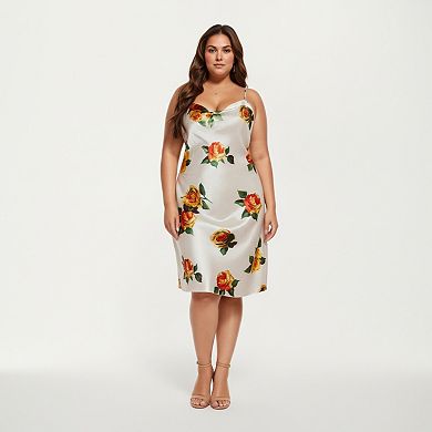 Women' s Satin Slip Dress with Floral Rose Pattern Draped Neckline Sheen Fabric