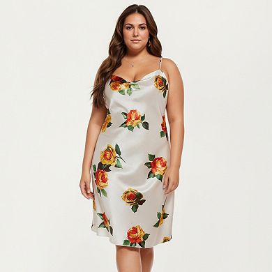 Women' s Satin Slip Dress with Floral Rose Pattern Draped Neckline Sheen Fabric
