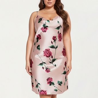 Women' s Satin Slip Dress with Floral Rose Pattern Draped Neckline Sheen Fabric