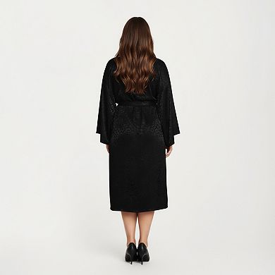 Women' s Satin Jacquard Leopard Pattern Robe with Waist Tie Silky Fabric Wide Sleeves