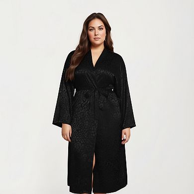 Women' s Satin Jacquard Leopard Pattern Robe with Waist Tie Silky Fabric Wide Sleeves
