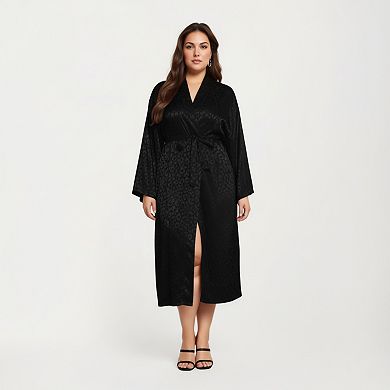 Women' s Satin Jacquard Leopard Pattern Robe with Waist Tie Silky Fabric Wide Sleeves