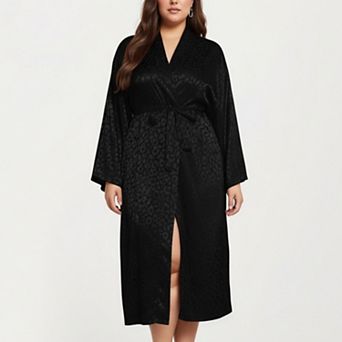 Women' s Satin Jacquard Leopard Pattern Robe with Waist Tie Silky Fabric Wide Sleeves
