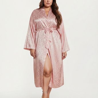 Women' s Satin Jacquard Leopard Pattern Robe with Waist Tie Silky Fabric Wide Sleeves