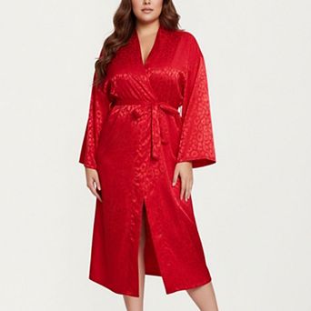 Women' s Satin Jacquard Leopard Pattern Robe with Waist Tie Silky Fabric Wide Sleeves