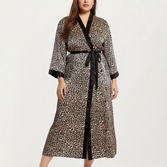 Women' s Leopard Print Satin Robe with Contrast Trim Soft Silky Fabric Waist Tie Closure