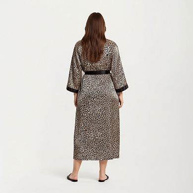 Women' s Leopard Print Satin Robe with Contrast Trim Soft Silky Fabric Waist Tie Closure
