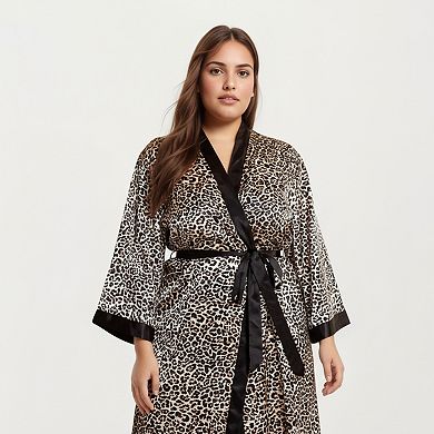 Women' s Leopard Print Satin Robe with Contrast Trim Soft Silky Fabric Waist Tie Closure