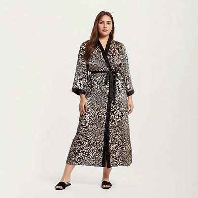 Women' s Leopard Print Satin Robe with Contrast Trim Soft Silky Fabric Waist Tie Closure