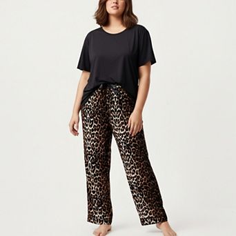 Women' s 2 pc Set Short Sleeve Top and Leopard Print Pajama Pants with Stretch Waist Tie