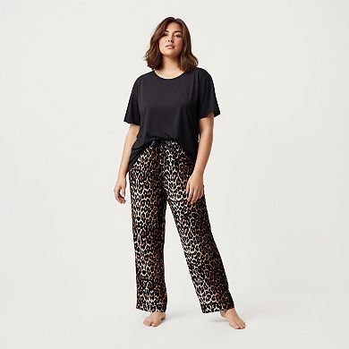 Women' s 2-Piece Set Short Sleeve Top and Leopard Print Pajama Pants with Stretch Waist Tie