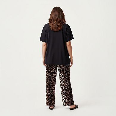 Women' s 2-Piece Set Short Sleeve Top and Leopard Print Pajama Pants with Stretch Waist Tie