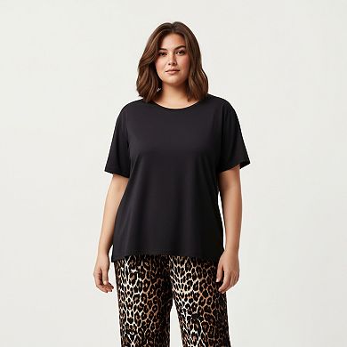 Women' s 2-Piece Set Short Sleeve Top and Leopard Print Pajama Pants with Stretch Waist Tie