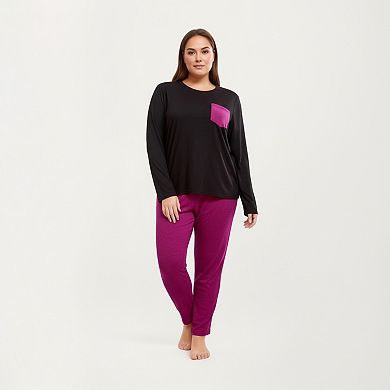 Women' s 2-Piece Set Long Sleeve Knit Top with Contrast Pocket and Soft Stretch Pajama Pants