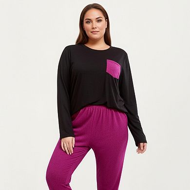 Women' s 2-Piece Set Long Sleeve Knit Top with Contrast Pocket and Soft Stretch Pajama Pants
