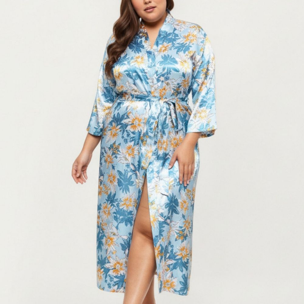 Women' s Floral Print Satin Robe with Waist Tie Soft Silky Fabric Wide ...