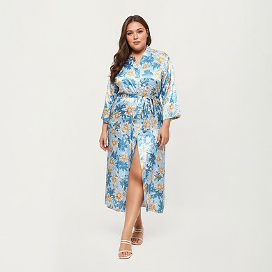 Women' s Floral Print Satin Robe with Waist Tie Soft Silky Fabric Wide Sleeves