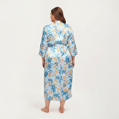 Women' s Floral Print Satin Robe with Waist Tie Soft Silky Fabric Wide Sleeves