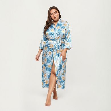 Women' s Floral Print Satin Robe with Waist Tie Soft Silky Fabric Wide Sleeves