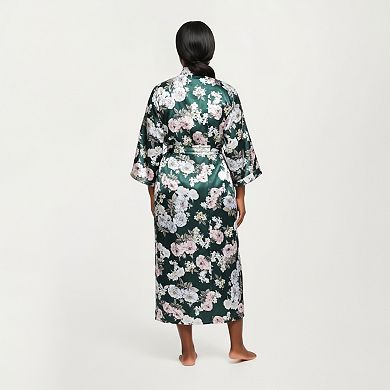 Women' s Floral Print Satin Robe with Waist Tie Soft Silky Fabric Wide Sleeves