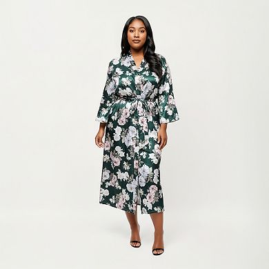Women' s Floral Print Satin Robe with Waist Tie Soft Silky Fabric Wide Sleeves