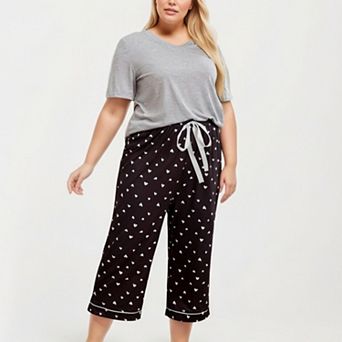 Women' s 2 pc Set Soft Short Sleeve Top and Heart Print Capri Pajama Pants with Stretch Waist Tie