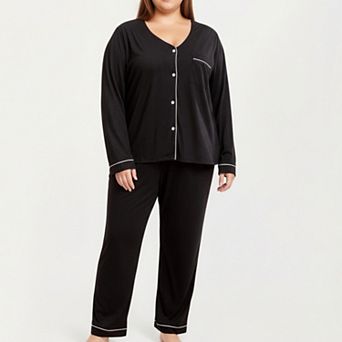 Women' s 2 pc Set Long Sleeve Button-Front Pajama Top and Matching Relaxed Pants