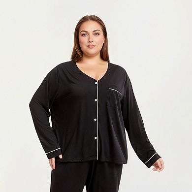 Women' s 2-Piece Set Long Sleeve Button-Front Pajama Top and Matching Relaxed Pants