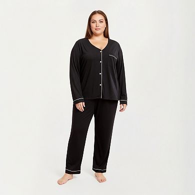 Women' s 2-Piece Set Long Sleeve Button-Front Pajama Top and Matching Relaxed Pants