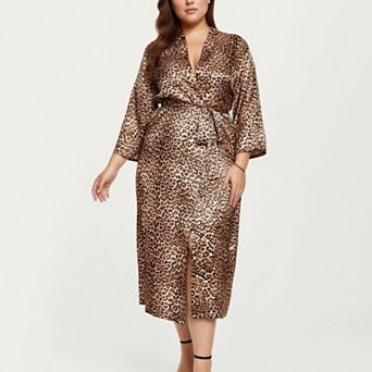 Women' s Leopard Print Satin Robe with Soft Silky Sheen and Flowing Longline Silhouette