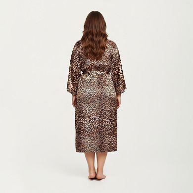 Women' s Leopard Print Satin Robe with Soft Silky Sheen and Flowing Longline Silhouette
