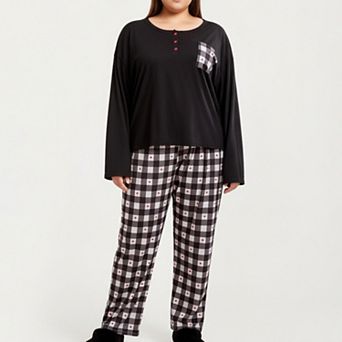 Women' s 2 pc Set Long Sleeve Henley Top and Plaid Pajama Pants with Soft Stretch Fabric