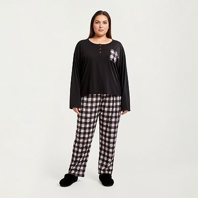 Women' s 2-Piece Set Long Sleeve Henley Top and Plaid Pajama Pants with Soft Stretch Fabric