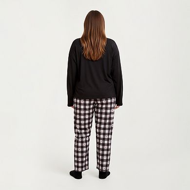 Women' s 2-Piece Set Long Sleeve Henley Top and Plaid Pajama Pants with Soft Stretch Fabric