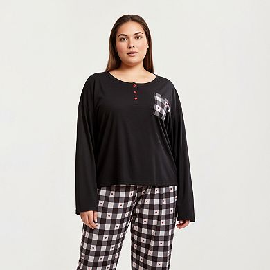 Women' s 2-Piece Set Long Sleeve Henley Top and Plaid Pajama Pants with Soft Stretch Fabric