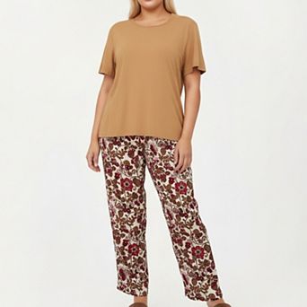 Women' s 2 pc Set Short Sleeve Knit Top and Printed Wide-Leg Pajama Pants with Soft Stretch Fabric