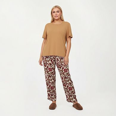 Women' s 2-PC Set Short Sleeve Knit Top and Printed Wide-Leg Pajama Pants with Soft Stretch Fabric