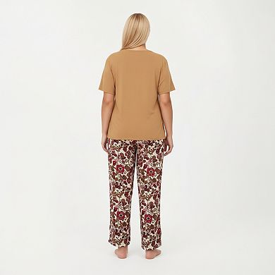 Women' s 2-PC Set Short Sleeve Knit Top and Printed Wide-Leg Pajama Pants with Soft Stretch Fabric