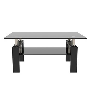 Modern Black Glass Coffee Table,39.37"Rectangular Center Table with Two Tier Storage for Living Room