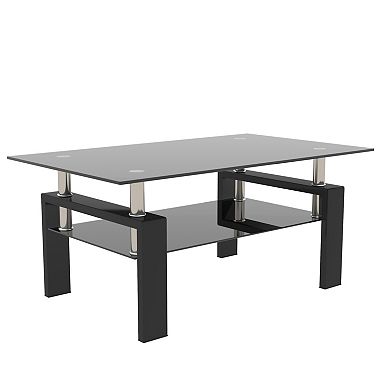 Modern Black Glass Coffee Table,39.37"Rectangular Center Table with Two Tier Storage for Living Room